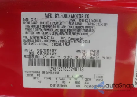 2012 Ford Mustang Gt Premium z USA, uszkodzony, nr VIN 1ZVBP8CF6C5240113